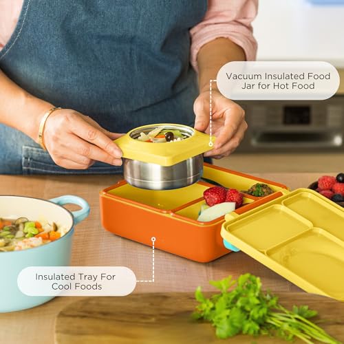 Image of OmieBox Bento Box for Kids - Insulated Bento Lunch Box with Leak Proof Vacuum Insulated Food Jar - 3 Compartments, Two Temperature Zones (Sunshine)