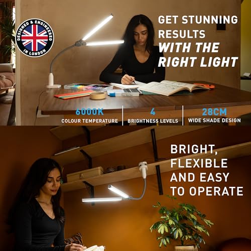 DuoPro Clamp LED Lamp - 6,000K Daylight, 2,100 Lux at 12", 4 Brightness Levels, Anti-Glare Shades, Adjustable Arm, Slim Design, Perfect for Sewing, Reading, Crafts, Beauty Treatments - Grey/White by daylight - Image 5