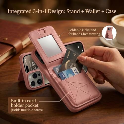 Image of amazon basics Premium Vegan Leather Back Cover with Card Holder and Integrated Mobile Stand for iPhone 15 Pro Max - Slim Shockproof Wallet Case with Geometric Stitching [Pink]