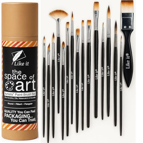 Image of Like it Artist Premium Handmade Professional Mix Painting Brush Set for Acrylic, Watercolor, & Gouache Painting (15 Brushes + 1 Free mop Paintbrush) (Wood), Synthetic Bristle with Brush Holder