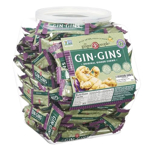 Gin Gins Chewy Ginger Candy Bulk Pack | Individually Wrapped Candies in Reusable Plastic Tub | Gluten Free and Vegan Ginger Chews, 275 Pieces