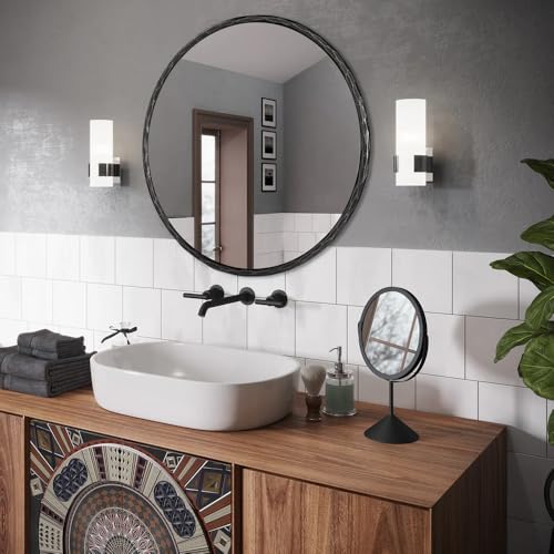 Image of ANDY STAR Hand-Forged Black Round Mirror for Wall, 30 Inch Solid Steel Metal Frame Circle Mirror, Antique Rounded Hammered Bathroom Mirror for Living Room, Bedroom, Entryway, Vanity