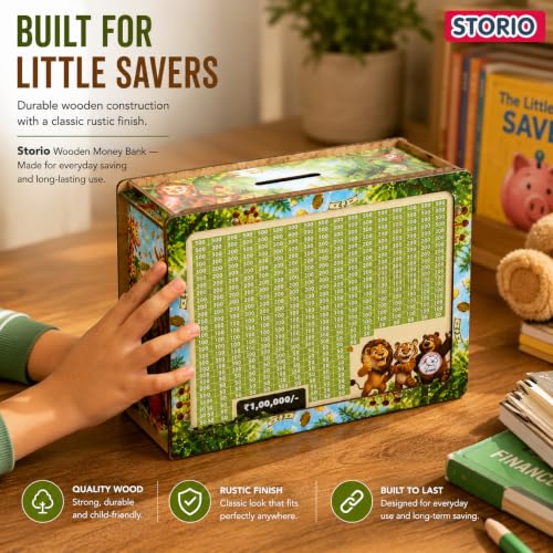 Image of Storio Wooden Money Bank with Lock, 1 Lakh Savings Goal Tracker