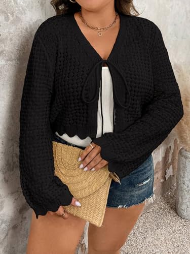 Women's Plus Size Tie Front Cardigan Hollow Out Bell Long Sleeve Crop Knit Tops Shrug Sweater3