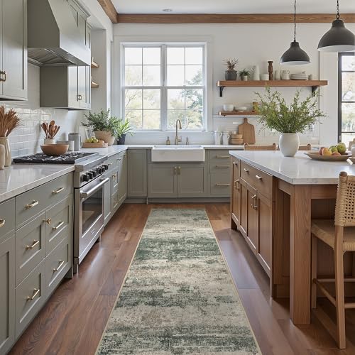 Runner Rug for Hallway Kitchen, 2x12 Machine Washable Runners Rug for Entryway, Soft Modern Abstract Throw Rugs, Low Pile Floor Cover with Non Slip Backing, Muted Green/Beige
