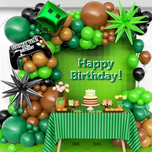Image of 158Pcs Pixel Balloon Garland Arch Kit - Video Game Party Decorations with 18 12 10 5 Different Sizes Green Brown Black Latex Balloons for Pixel Birthday Baby Shower Boy Gaming Theme Decorations
