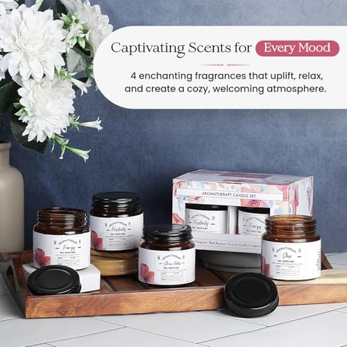Image of D'Velas Set of 4 Aromatherapy Scented Candles in Amber Jars (60g Each) | Cozy Fragrances for Small Spaces | Clean-Burning Soy Wax | 15-Hour Burn Time | Ideal for Gifting & Home Decor