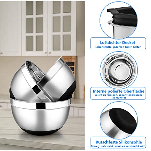 Foto von Joyfair Rührschüssel 3er Set, Edelstahl Schüssel mit Luftdichtem Deckel & Rutschfestem Boden, Salatschüssel Set für Küche/Backen/Kochen/Zubereitung, Spülmaschinenfest - 4.6L / 2.8L / 1.2L (Schwarz)