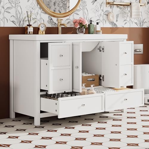 BTM Waschtisch Stehend mit Unterschrank 120cm Breiter Badezimmerschrank Integriertes Waschbecken mit Schubladen Weiß