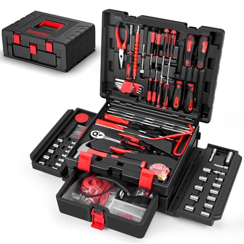 Sundpey 132-PCs Car Tool Kit - Portable General Basic Home and Automotive Repair Tool Set with Drawer for Men Women with Hook & Pick & Fastener & Valve Stem Removal Tools for RV Truck Motorcycle Bike