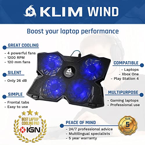 Klim Wind - Laptop Cooling Pad - More Than 500 000 Units Sold - 2022 Version - The Most Powerful Rapid Action Cooling Fan - Laptop Stand With 4 Cooling Fans At 1200 Rpm - Usb Fan - Ps5, Ps4 - Blue #TOP1