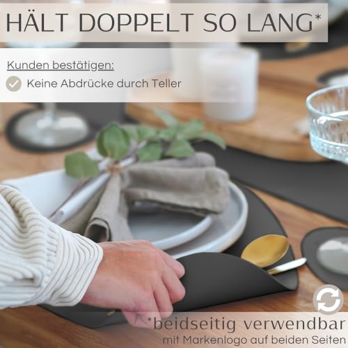 Mahewa® 6er Set Premium Tischset aus Kunstleder - Platzset abwaschbar und wasserdicht - Platzdeckchen Telleruntersetzer in Lederoptik (Dunkelgrau, Oval)