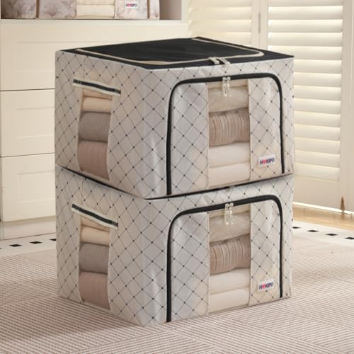 Image of HOKIPO 66L Folding Storage Box and Organiser for Clothes, 600D Oxford Fabric Storage Box, Ivory Noir Pack of 2 (AR-6486-BLK*2)