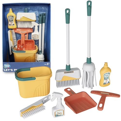 Playful Minds 8-Piece Cleaning Playset for Toddlers - Broom, Mop, Pail, Dustpan, Brush, Squeegee, and Pretend Bottles - Perfect for Imaginative Play and Skill Building