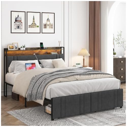 La Mejor Lista de Cama queen size para comprar hoy. 42 FABATO Base Cama Queen Size - Cabecera Acolchada con 2 cajones Frontales - Cabecera Queen Size con Luces LED 2 Salidas de CA y 2 USB - Plataforma de Metal Antideslizante sin Ruido