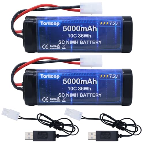 Tosiicop 7.2V 5000mAh NIMH Battery 2 Packs - 7.2 Volt RC Rechargeable Batteries with Tamiya Plug Connector for Remote Control Car Monster Trucks Buggy Truggy Boat Tank and Related Series