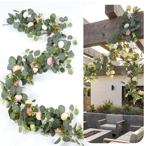 Guirnalda artificial de Pascua de flores de seda y huevos para decoración de porche interior 5