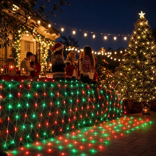 Image of Dazzle Bright Christmas Net Lights, 360 LED 12FT x 5 FT Transparent Wire Waterproof Connectable String Lights with 8 Modes for Bushes Garden Party Holiday Decoration (Red and Green)