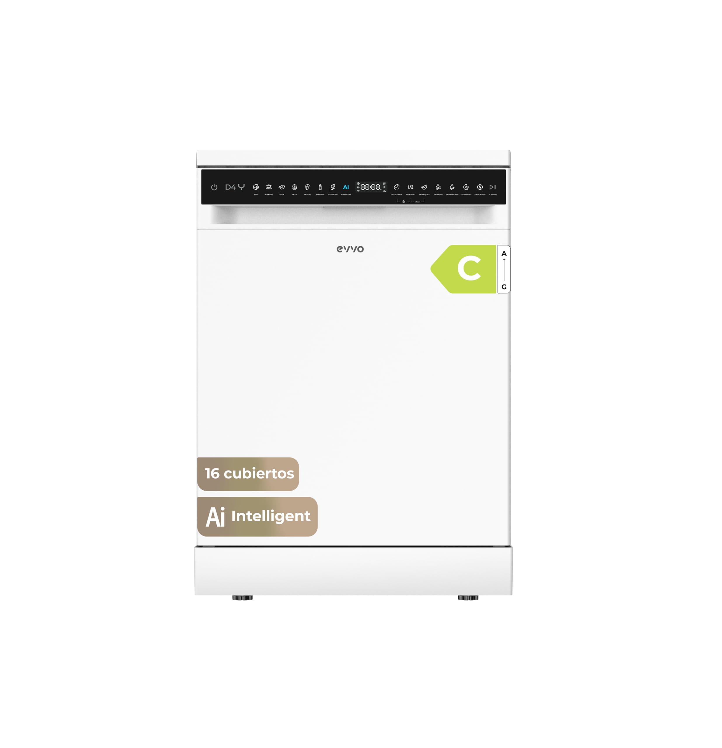 Lavavajillas EVVO D4Y, 16 Cubiertos, 8 Programas, Extra Silent, Extra Hygiene, Turbo, Secado Extra, Inicio Diferido, 47 dB, Clase C, Libre Instalación 60 cm, Color Blanco