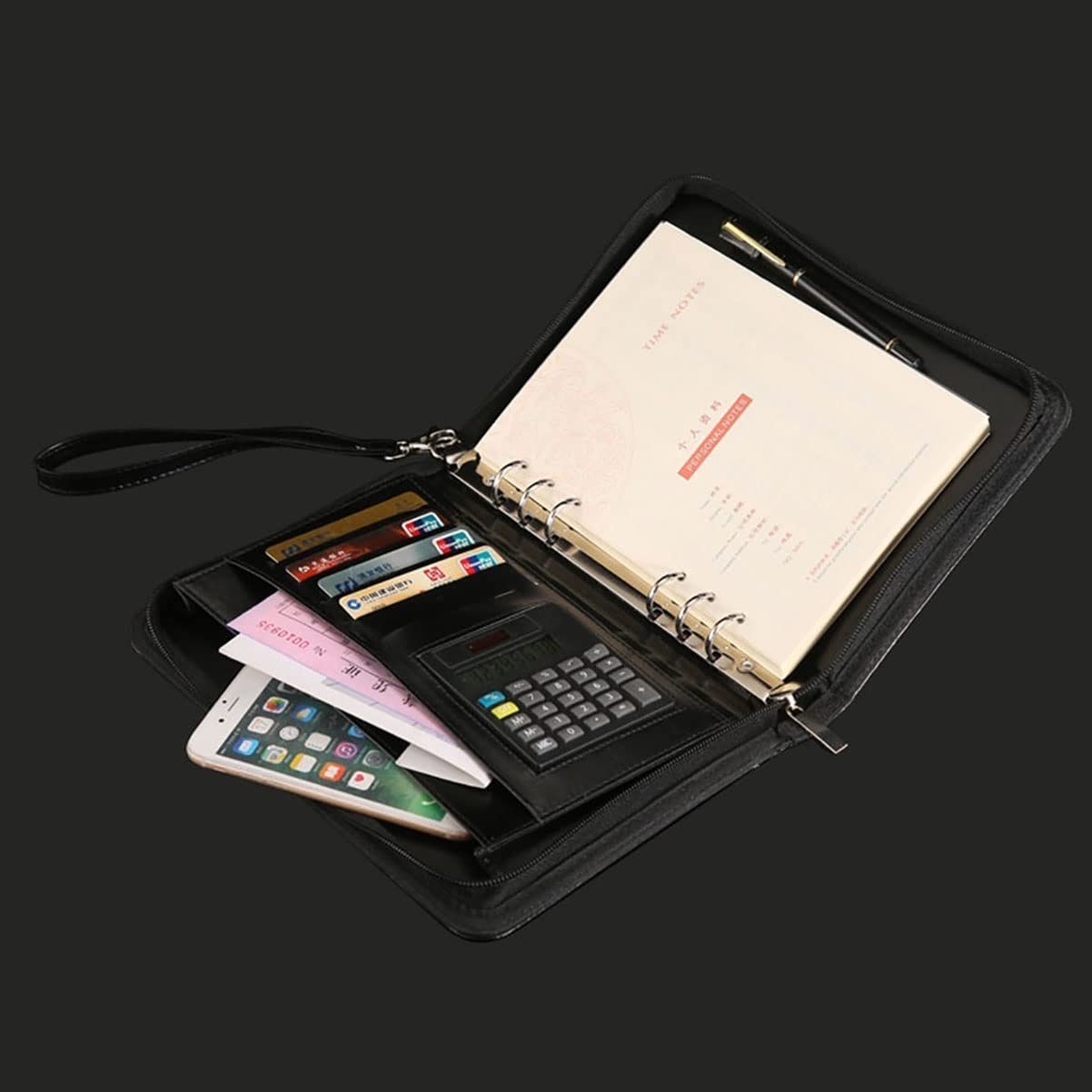 Padfolio, organizer do portfolio, Padfolio dla kobiet i mężczyzn, teczka konferencyjna A5, 6-ringowa, zapinana na zamek, przenośna teczka biznesowa ze skóry PU