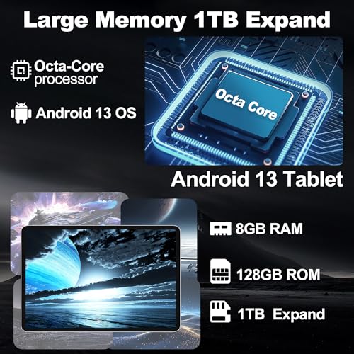 Image of Android 13 Tablet, 10.1 Inch Android Tablet, 8GB RAM 128GB ROM 1TB Expand, Octa-Core Processor, 1280x800 IPS HD Touchscreen, 8000mAh Battery,GPS, 5G WiFi,4G LTE,Bluetooth (Dark Grey)