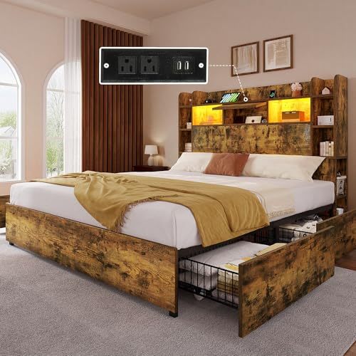 YITAHOME Queen Bed Frame with Bookcase Headboard and 4 Storage Drawers, RGB LED Bed Frame with Type-C & USB Charging Station Storage Headboard Bed Frame, No Box Spring Needed, Noise Free, Ru