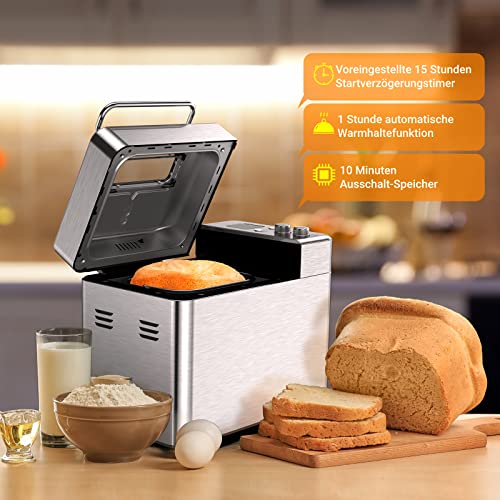 Foto von Brotbackautomat, Brotbackmaschine mit 15 voreingestellten Programmen, 15H Timer, 1000/2,2 lbs Kapazität, LCD Bildschirm, Konstanttemperaturfunktion Edelstahl-Brot- und Kuchenmaschine, Silbrig