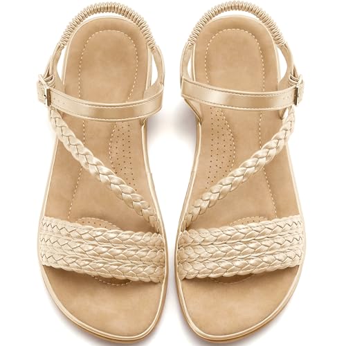 Image of Aomigoct Dressy Womens Sandals Summer: Comfortable Strappy Flats Sandals Women - Casual Walking Woman Shoes