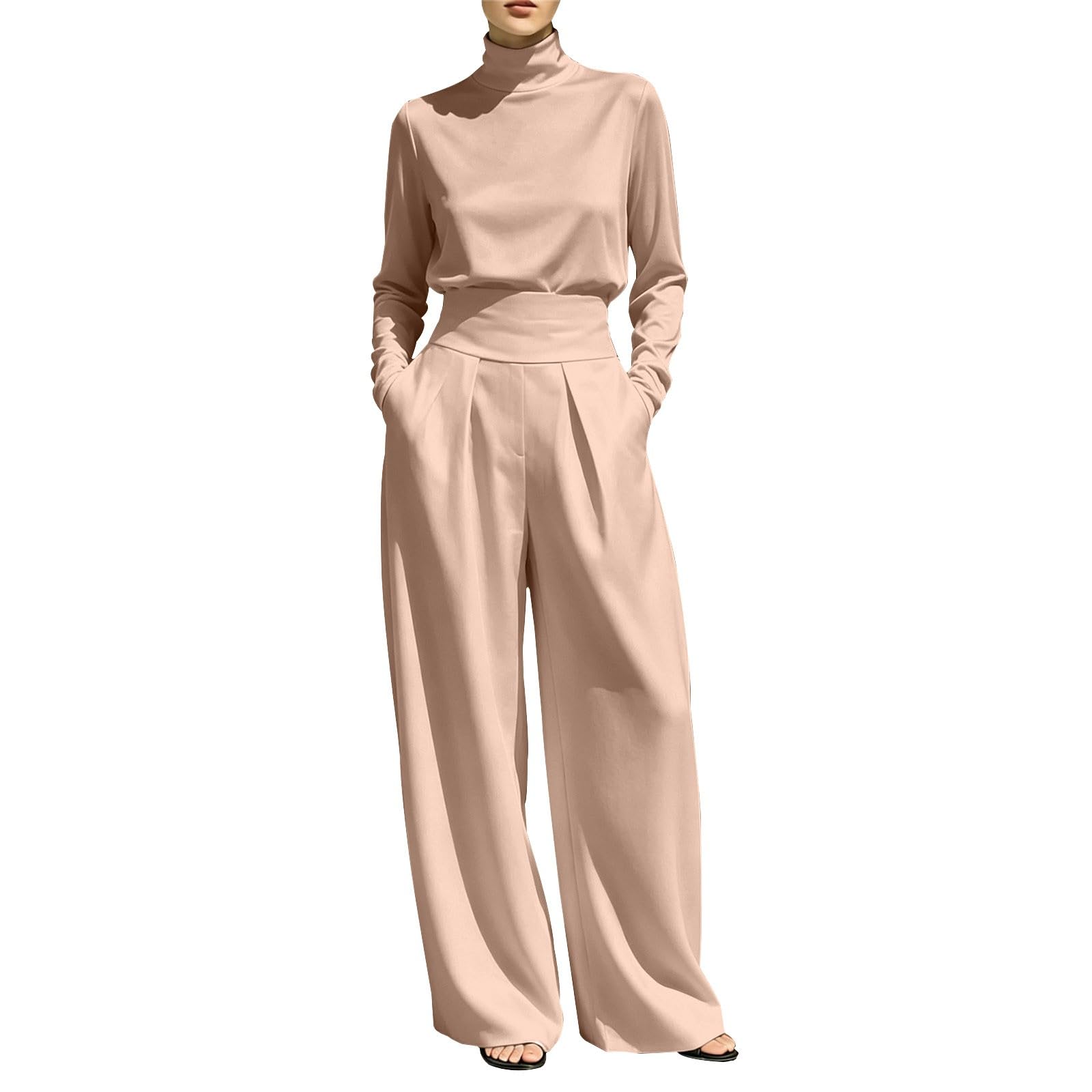 Vestito da donna, taglie forti, 2 pezzi, elegante, per matrimonio | Maglione casual a collo alto con pantaloni da abito, due pezzi, maglietta a maniche lunghe, tinta unita