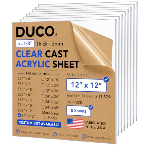 Duco 1/8" Clear Cast Acrylic Sheets, 12"x12" Plexiglass Sheets, 8 Pack