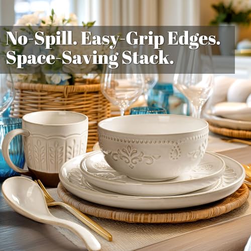 Artena Plates And Bowls Sets, 24 Pieces Dinnerware Sets, Dish Set For 6, Ceramic Kitchen Bowl And Plate Set, Embossed White Dishware Sets, Dishwasher & Microwave Safe (Damask Floral) by Artena - Used condition - Image 4