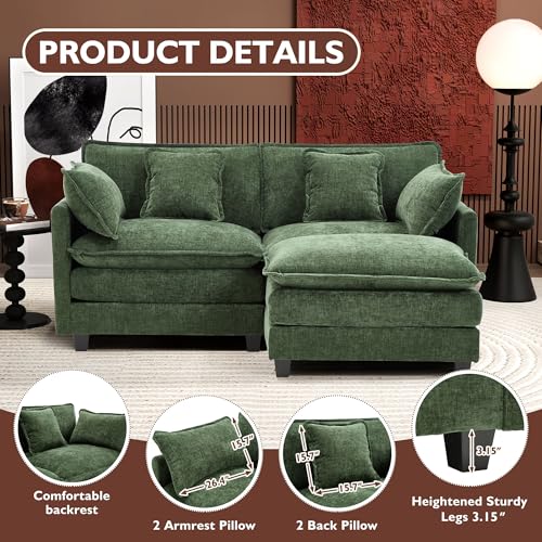 Image of Ihanherry 77 inch L Shaped Modern Sofa Modular Sectional Cloud Couch with Ottoman, 3-Seat Chenille Deep Seat Sofa with Pillow for Living Room, Bedroom and Apartment, Green