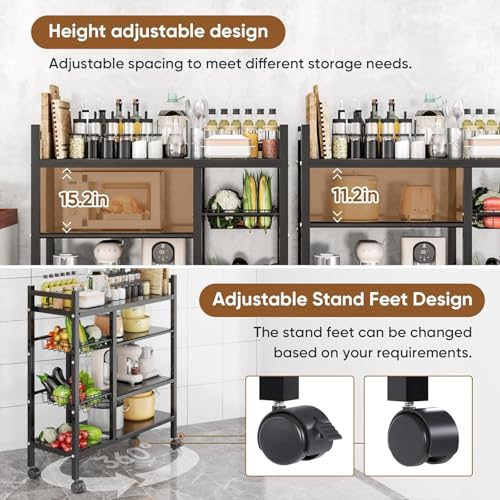 Image of Hukimoyo 4-Tier Metal Kitchen Storage Rack with Lockable Wheels Trolley Storage Cart for Kitchen Organizer with Removable 4 Mesh Basket Floor(120 Cm)
