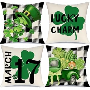 St Patricks Day Buffalo Plaid Hat Clover Truck Gnome Throw Pillow Covers 18×18 Set of 4 Lucky Charm Shamrock Farmhouse Cushion Case Decoration for Sofa Couch