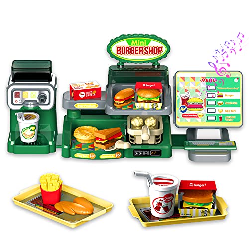 JUMEI Play Food Sets for Kids Kitchen,Mini Kids Kitchen Playset,Play Kitchen for Toddlers,Grocery Store Pretend Play,34pcs Mini Hamburger Cash Register with Sounds,Pretend Play Store Age 3+