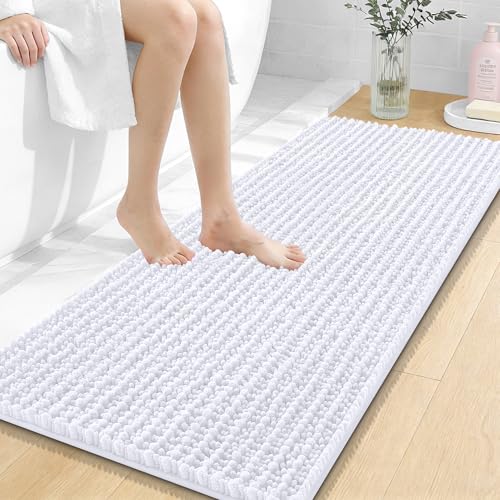 Image of OLANLY Long Bathroom Rugs Runner 47x20, Thick Soft and Absorbent Chenille Bath Mat, Non-Slip, Machine Washable Quick Dry Bath Rugs for Tub Shower Floor, Home Decor Accessories, White