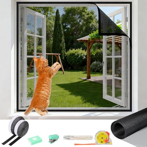 oumuik katzennetz Fenster fliegengitter katzensicher fensterschutz Katze ohne Bohren gr&ouml;&szlig;enverstellbar,Mit Selbstklebeband, Ma&szlig;band,Schere,Hefter (100X130CM)