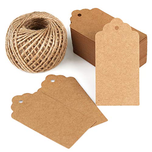 Kraft Paper Tags with Twine - 100 pcs Paper Gift Hang Tags, 130