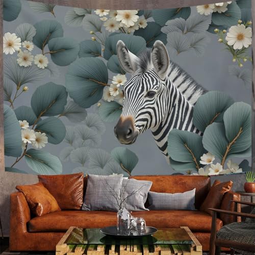 Tapisserie murale esthétique motif zèbre ginkgo gris-vert 230x180cm