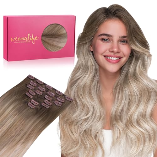 WENNALIFE Clip in Hair Extensions Real Human Hair, 22 Inch 120g 7pcs Balayage Sandy Brown to Platinum Blonde Remy Hair Straight Natural Extensiones De Cabello Humano Con Clip Ins
