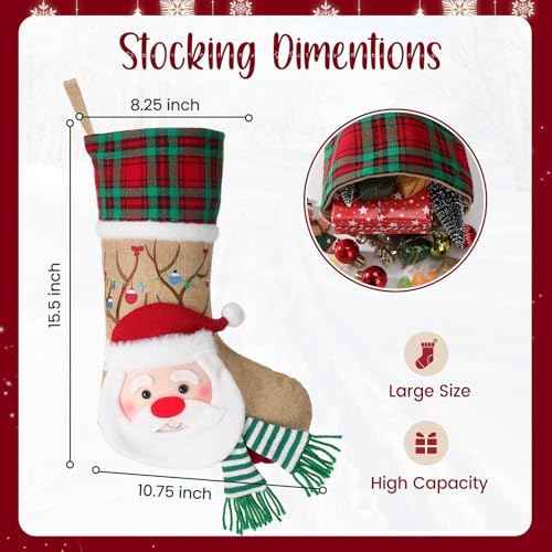 Tavaleu Christmas Stockings, 15.5\" Christmas Stocking Deer Santa Snowman Burlap Plaid Xmas Stocking Holiday Christmas Decoration for Family Kids