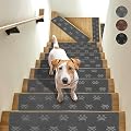 JOYDREAM Stair Tread Carpet Non Slip Stair Runners for Wooden Steps Indoor Rugs for Stairs Mats Polyester TPR Peel and Stick Stair Treads Set of 15 for Kids and Dogs, 8" X 30", Grey Paw Print