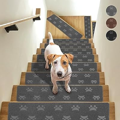 JOYDREAM Stair Tread Carpet Non Slip Stair Runners for Wooden Steps Indoor Rugs for Stairs Mats Polyester TPR Peel and Stick Stair Treads Set of 15 for Kids and Dogs, 8" X 30", Grey Paw Print