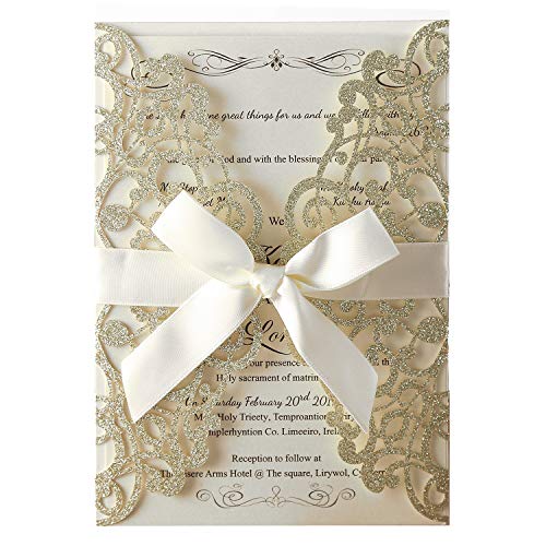 Hosmsua 20x Cartes d'invitation de mariage avec invitation bowknot de ruban découpé au laser pour l'obtention de la douche nuptiale anniversaire de...