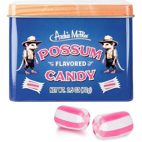 Archie McPhee Possum Flavored Hard Candy - 2.5 oz Tin, Individually Wrapped Pink and White Striped Candies, Tastes Like Possum, Novelty Gag Gift Cover