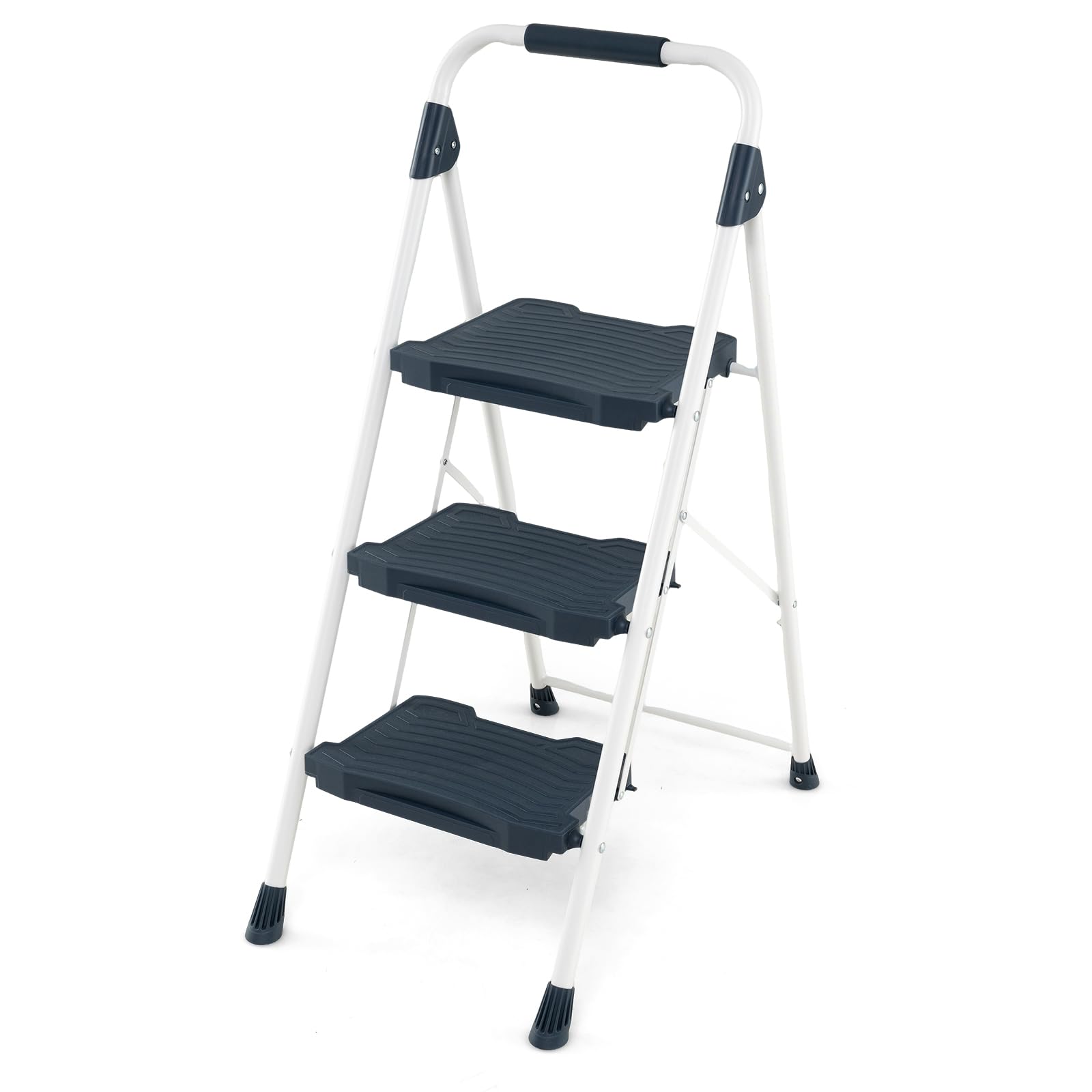 GYMAX Escabeau 3 Marches Pliable 120cm, Usage Sûr avec Poignée Rembourrée Supérieure, Large Surface Antidérapante, en Acier au Carbone, Charge Max. 360 KG, pour Maison Cuisine Jardin Garage (Bleu)