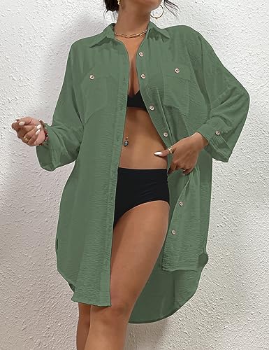 Image of Bsubsach Button Down Swimsuit for Women Sweatshirt Dress with Ruffled Sleeves Beach Shirt