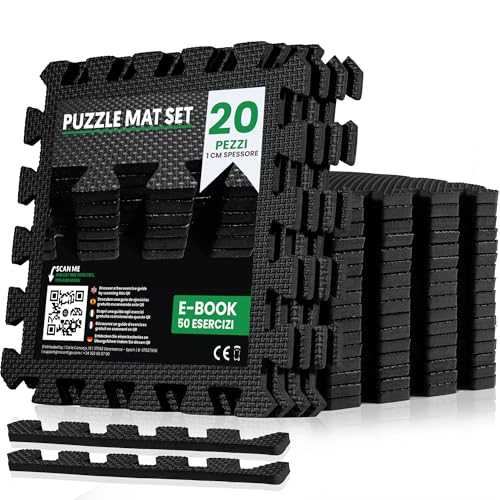 unycos - Tappeto da Fitness a Puzzle【20 Tappetini】Tatami Antiscivolo, Pavimento Protettivo Incastro Palestra in Schiuma EVA, Materassino per Home Gym | Include E-Book, 30x30x1 cm (Nero)