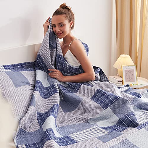 Jarson Blue Plaid Quilts Set Lightweight Summer Bedding Full/Queen Size, 3Pcs Modern Patchwork Bedspreads Reversible Stripe Coverlet Pillow Shams #TOP1
