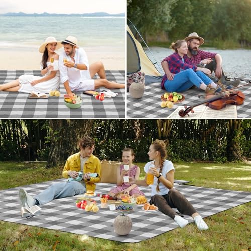 HAUSPROFI Picknickdecke 200x200cm, wasserdicht & isoliert - XXL Outdoor Decke für Picknick, Strand, Garten. Campingdecke mit Baumwolle gepolstert, Inkl. Tragegriff & Heringe, Grau/Weiß Kariert